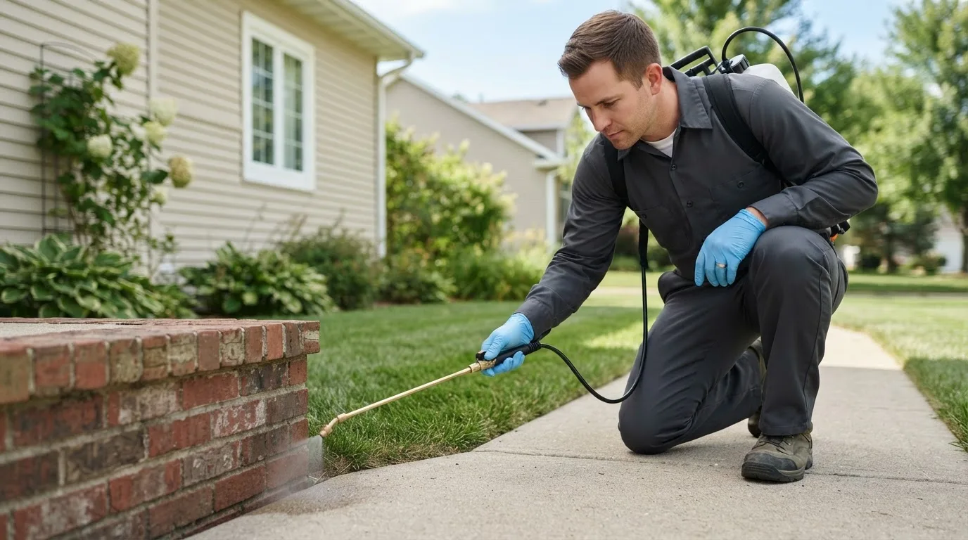Pest control technician treating a home near Elmore, MN